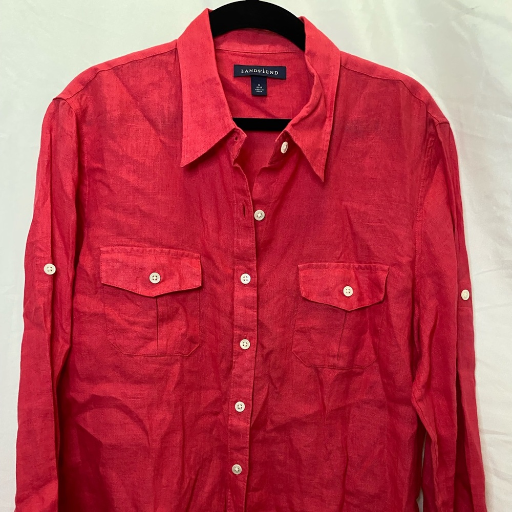 Land’s End linen coral red button down blouse top, size M - Picture 2 of 8